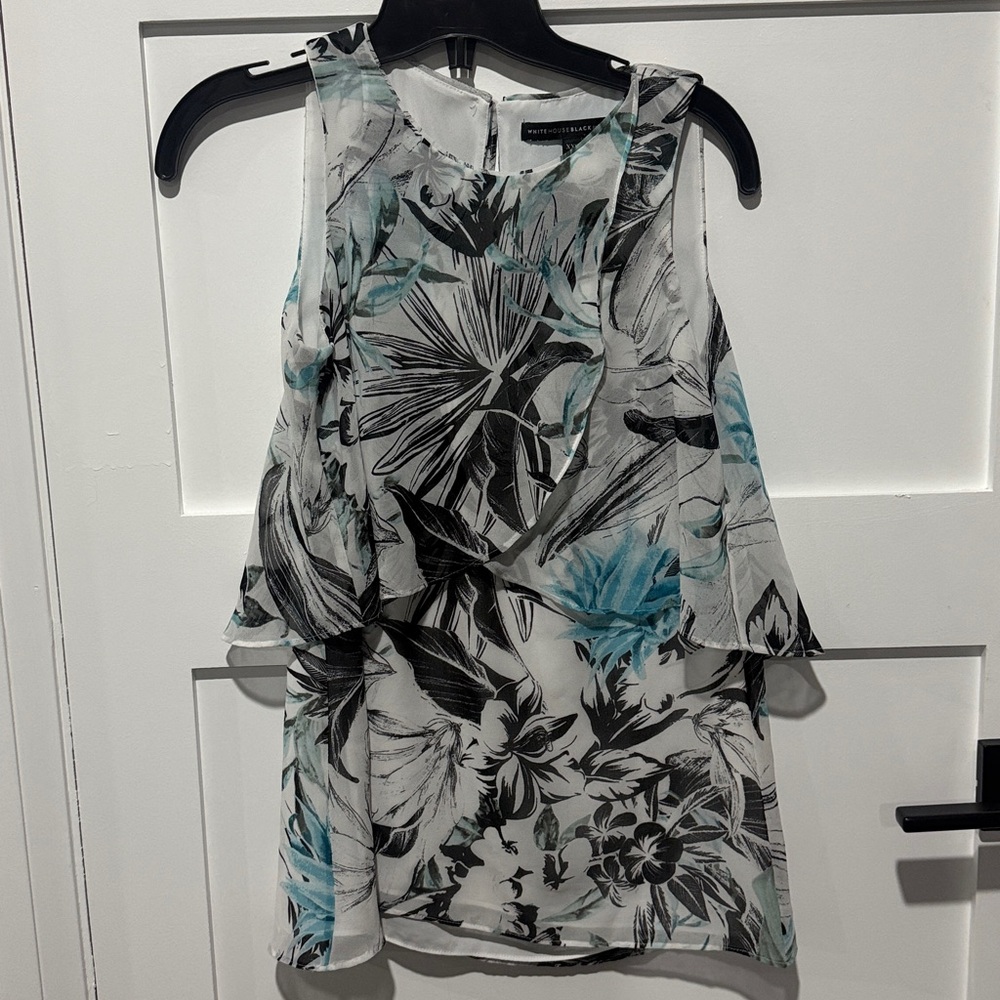 White House Black Market Tropical Print Sleeveless Blouse - Black, White, Blue